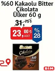 ÜLKER %60 KAKAOLU BİTTER ÇİKOLATA 60 G
